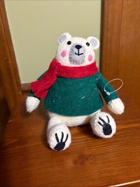 Festive Plush Polar Bear Ornament in Green Sweater and Red Scarf